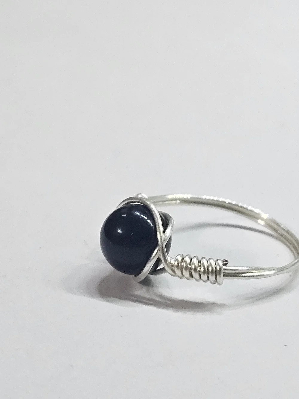 Handmade Silver Wire Wrap Ring with Black Obsidan Stone Bead